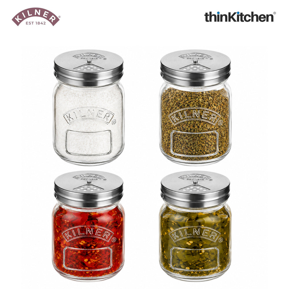 Kilner Premium 4 Pcs x 250ml Airtight, Leakproof Spice Shaker Glass Jar with Stainless Steel Shaker Lid for Salt, Spices, Herbs & Sprinkles | Reusable, BPA Free Kitchen Dispenser