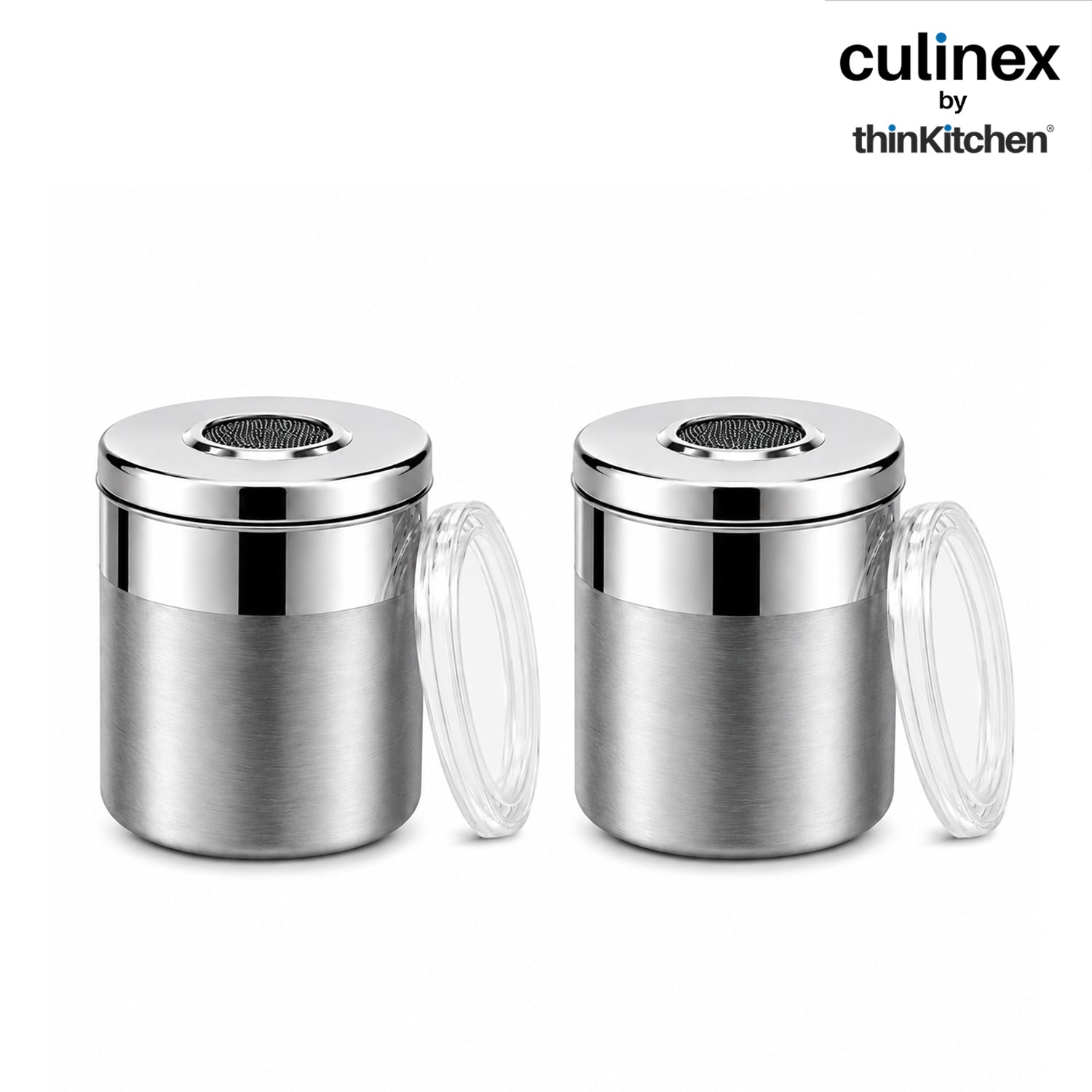 Culinex Stainless Steel 2 Pcs x 100ml Fine Seasoning Salt & Pepper Dispenser (5x6cm) Powder Spice Shaker for Masala, Icing Sugar, Dual Finish Condiment Canister by thinKitchen - 1