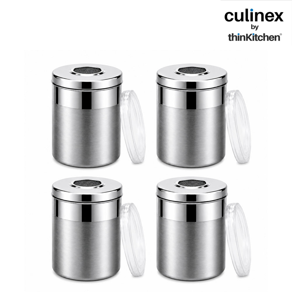 Culinex Stainless Steel 4 Pcs x 100ml Fine Seasoning Salt & Pepper Dispenser (5x6cm) Powder Spice Shaker for Masala, Icing Sugar, Dual Finish Condiment Canister by thinKitchen