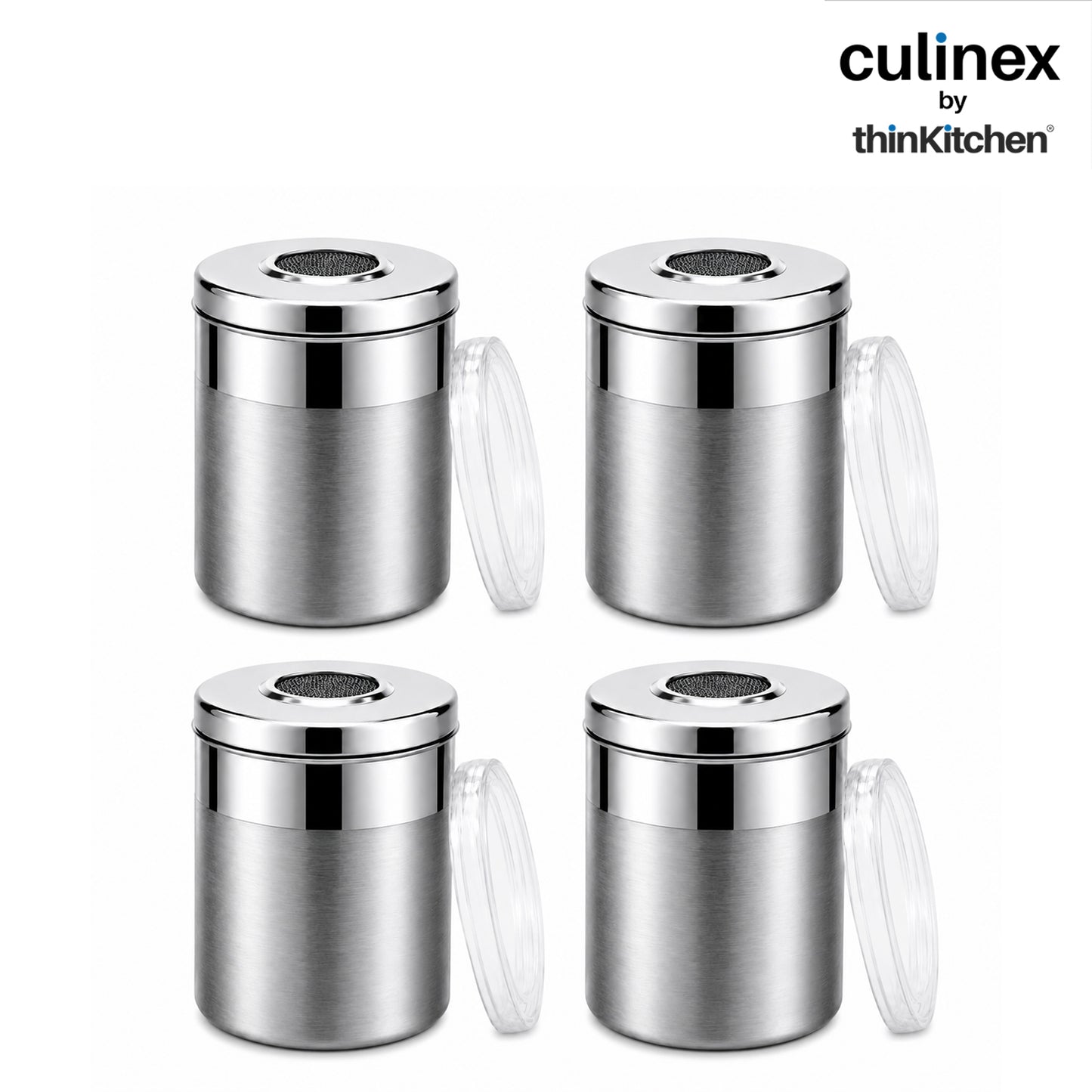 Culinex Stainless Steel 4 Pcs x 100ml Fine Seasoning Salt & Pepper Dispenser (5x6cm) Powder Spice Shaker for Masala, Icing Sugar, Dual Finish Condiment Canister by thinKitchen