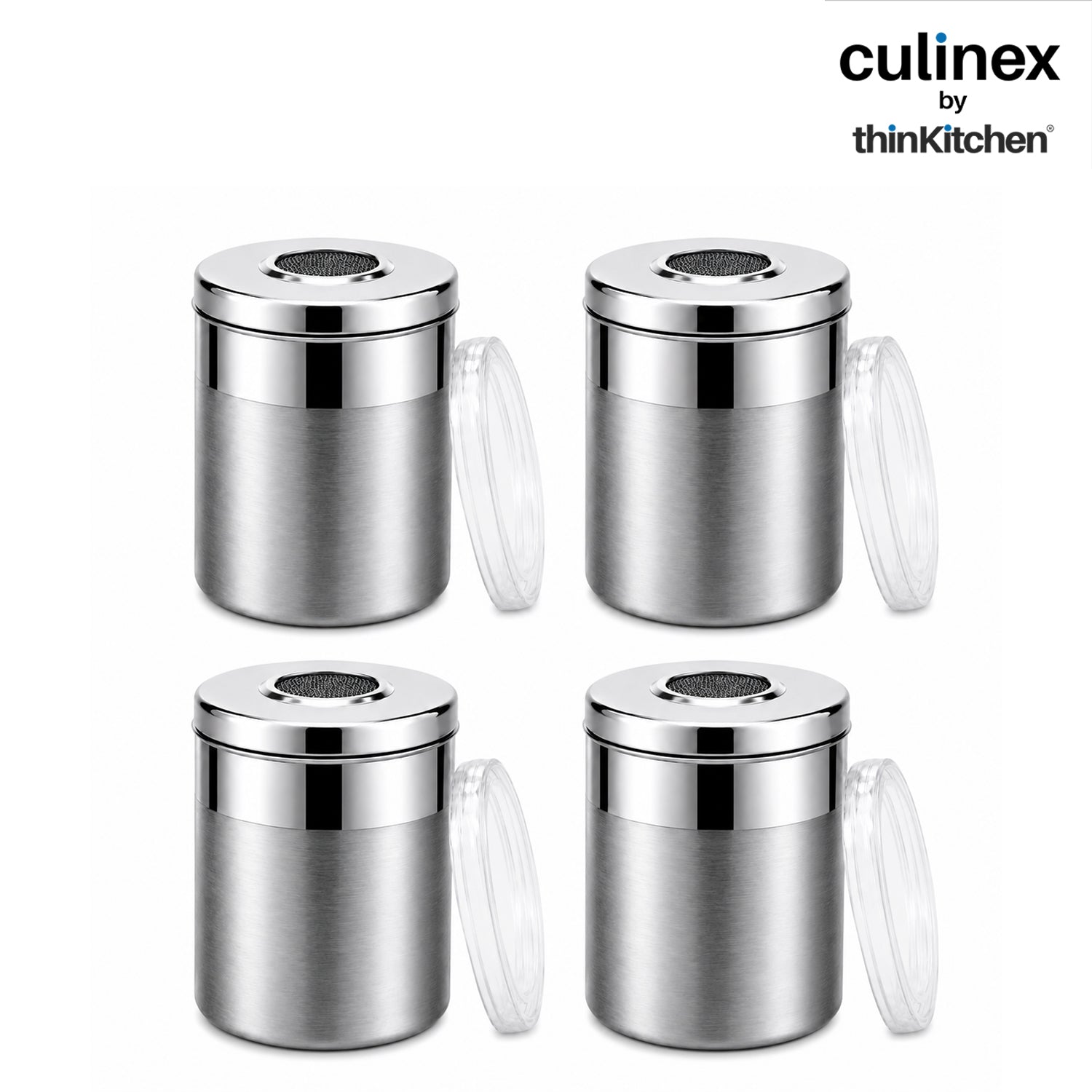 Culinex Stainless Steel 4 Pcs x 100ml Fine Seasoning Salt & Pepper Dispenser (5x6cm) Powder Spice Shaker for Masala, Icing Sugar, Dual Finish Condiment Canister by thinKitchen - 1