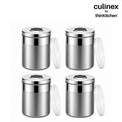Culinex Stainless Steel 4 Pcs x 100ml Fine Seasoning Salt & Pepper Dispenser (5x6cm) Powder Spice Shaker for Masala, Icing Sugar, Dual Finish Condiment Canister by thinKitchen