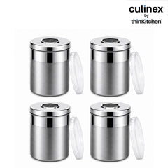 Culinex Stainless Steel 4 Pcs x 100ml Fine Seasoning Salt & Pepper Dispenser (5x6cm) Powder Spice Shaker for Masala, Icing Sugar, Dual Finish Condiment Canister by thinKitchen