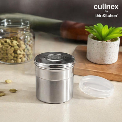 Culinex Stainless Steel 4 Pcs x 100ml Fine Seasoning Salt & Pepper Dispenser (5x6cm) Powder Spice Shaker for Masala, Icing Sugar, Dual Finish Condiment Canister by thinKitchen