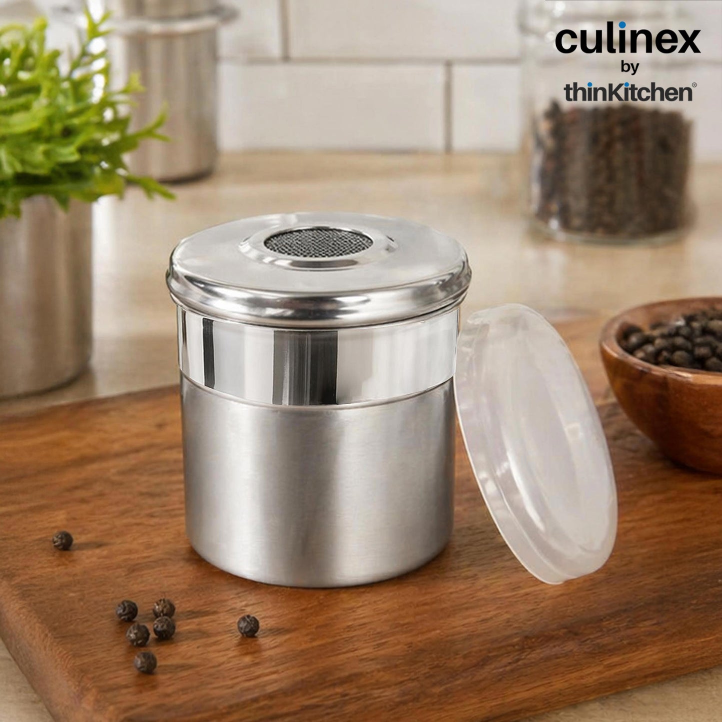 Culinex Stainless Steel 4 Pcs x 100ml Fine Seasoning Salt & Pepper Dispenser (5x6cm) Powder Spice Shaker for Masala, Icing Sugar, Dual Finish Condiment Canister by thinKitchen