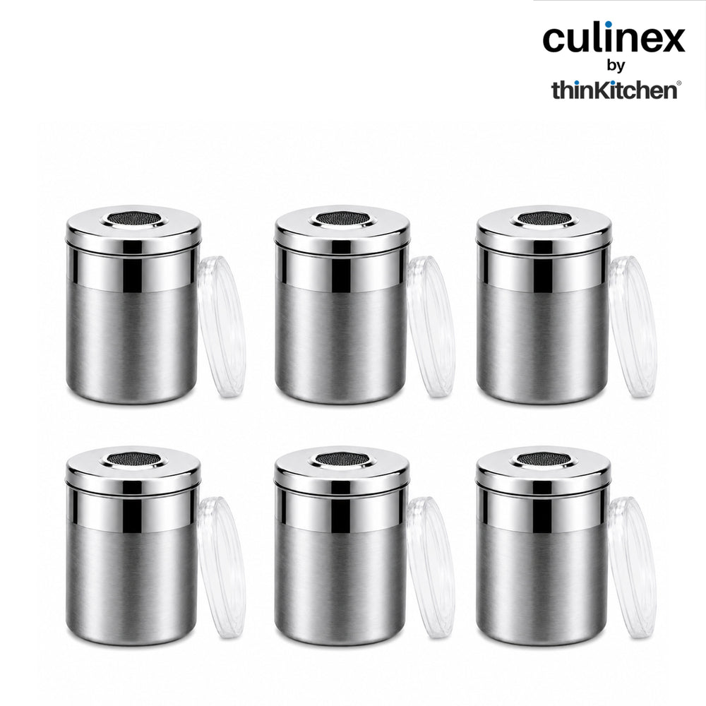 Culinex Stainless Steel 6 Pcs x 100ml Fine Seasoning Salt & Pepper Dispenser (5x6cm) Powder Spice Shaker for Masala, Icing Sugar, Dual Finish Condiment Canister by thinKitchen