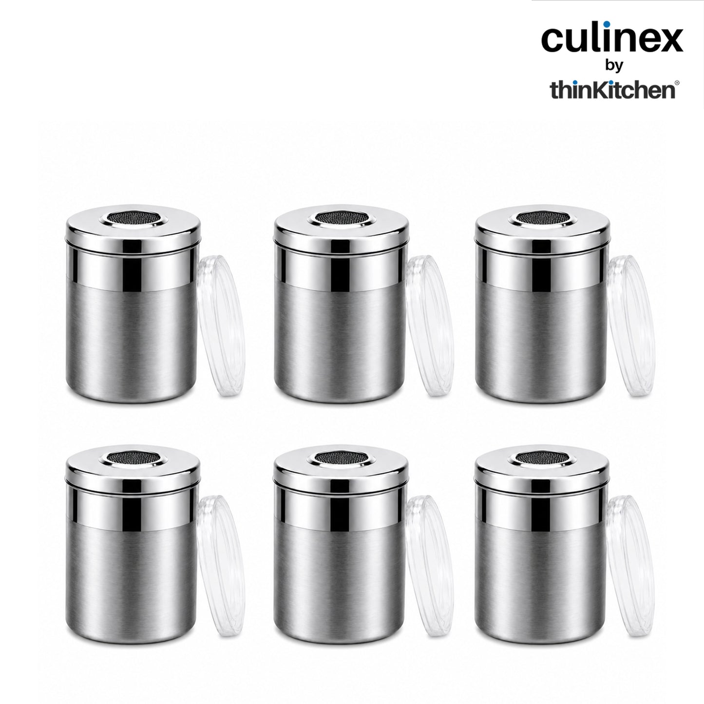 Culinex Stainless Steel 6 Pcs x 100ml Fine Seasoning Salt & Pepper Dispenser (5x6cm) Powder Spice Shaker for Masala, Icing Sugar, Dual Finish Condiment Canister by thinKitchen