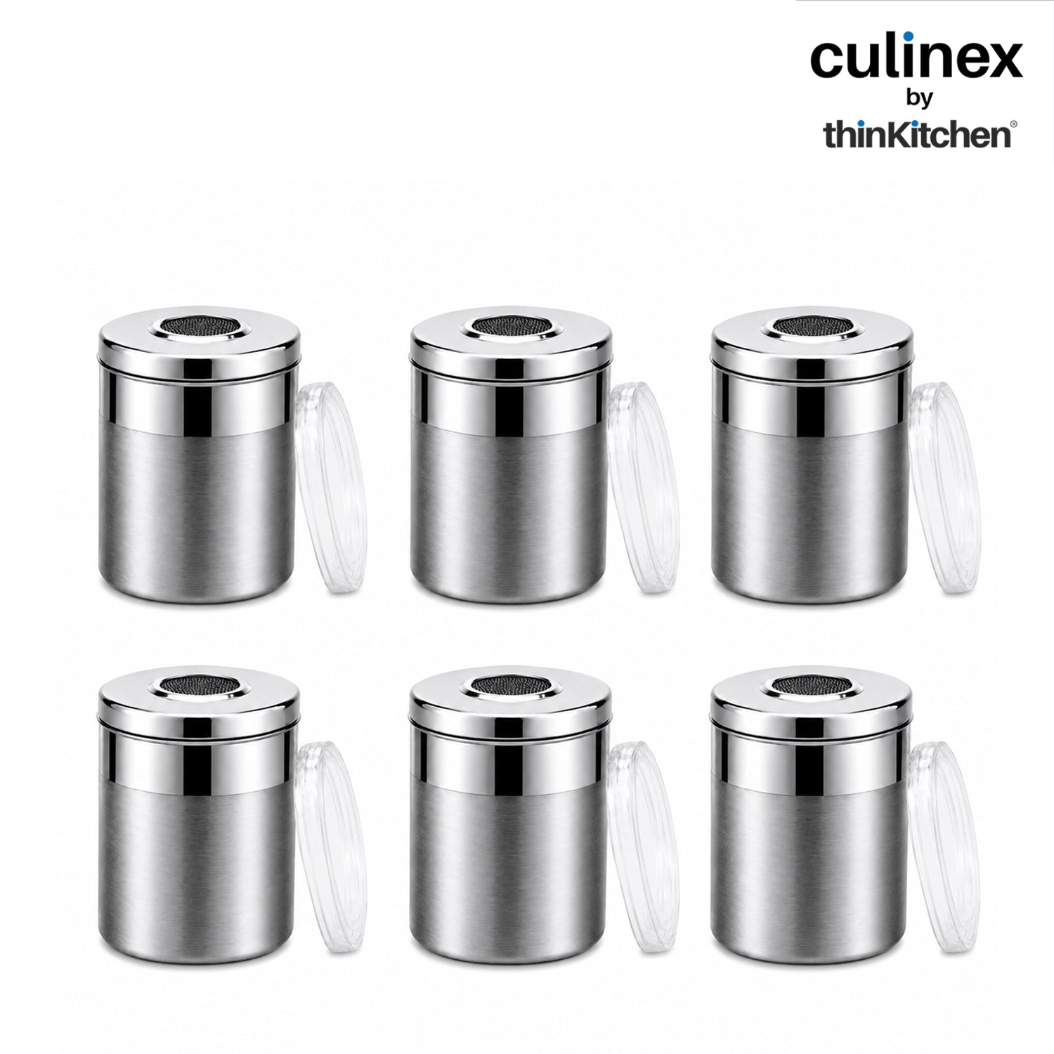 Culinex Stainless Steel 6 Pcs x 100ml Fine Seasoning Salt & Pepper Dispenser (5x6cm) Powder Spice Shaker for Masala, Icing Sugar, Dual Finish Condiment Canister by thinKitchen - 1