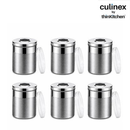 Culinex Stainless Steel 6 Pcs x 100ml Fine Seasoning Salt & Pepper Dispenser (5x6cm) Powder Spice Shaker for Masala, Icing Sugar, Dual Finish Condiment Canister by thinKitchen