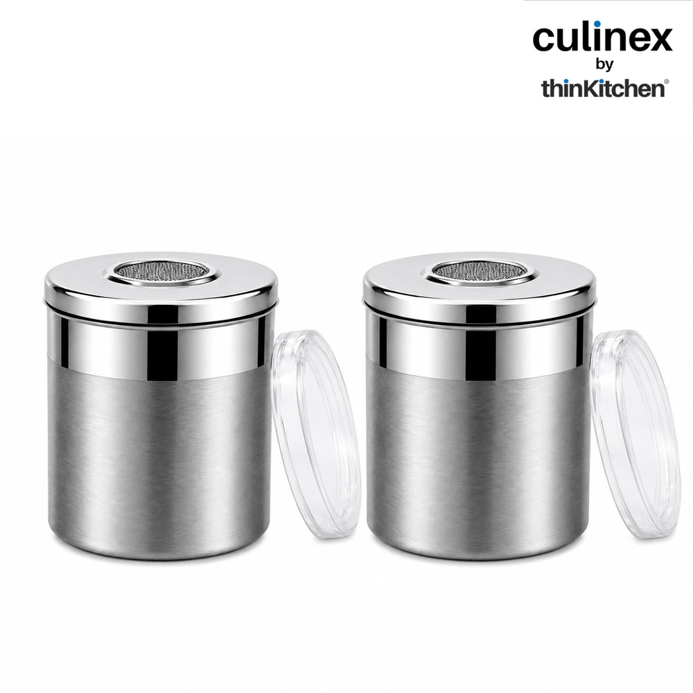 Culinex Stainless Steel 2 Pcs x 120ml Fine Seasoning Salt & Pepper Dispenser (6 x 5 cm) Powder Spice Shaker for Masala, Icing Sugar, Dual Finish Condiment Canister by thinKitchen
