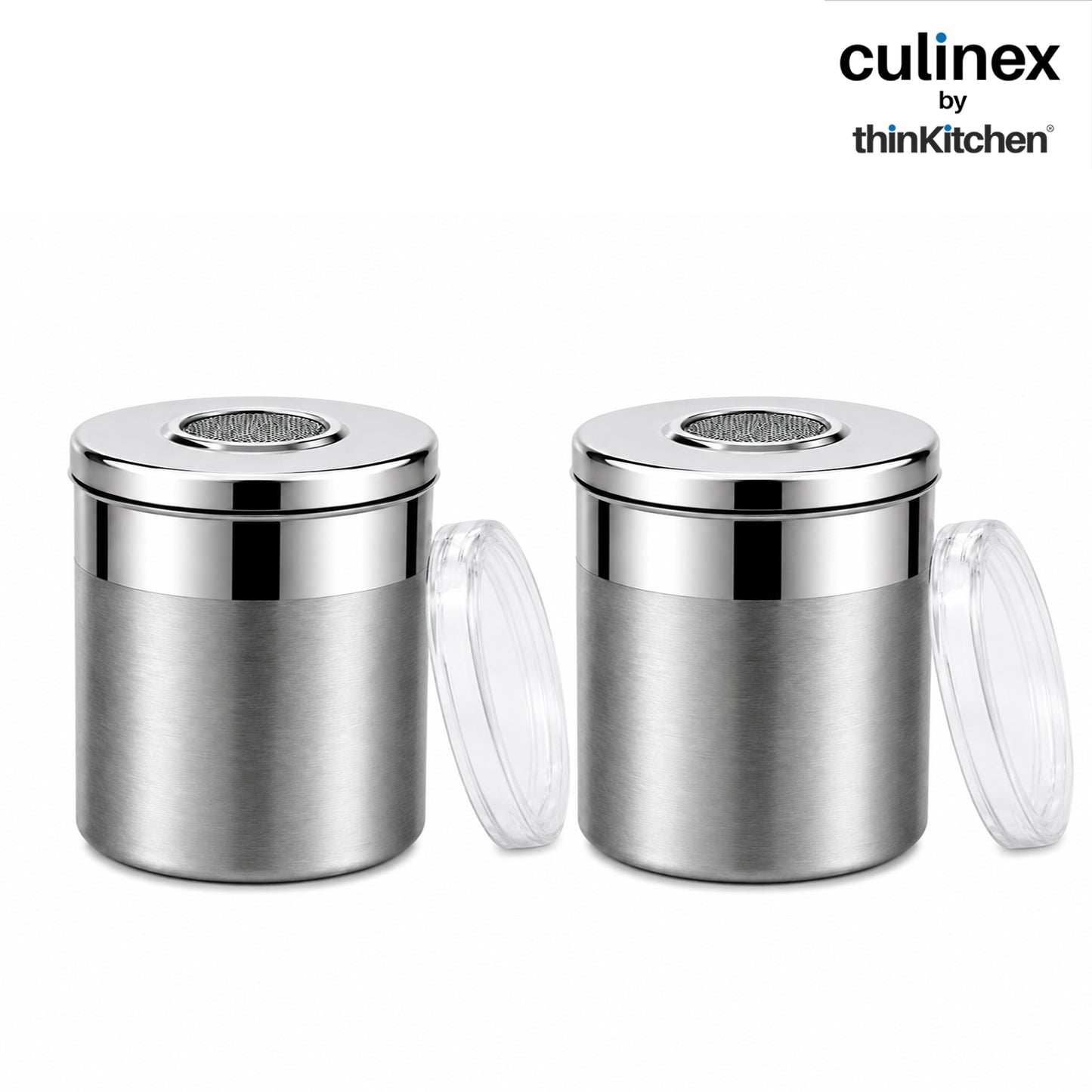 Culinex Stainless Steel 2 Pcs x 120ml Fine Seasoning Salt & Pepper Dispenser (6 x 5 cm) Powder Spice Shaker for Masala, Icing Sugar, Dual Finish Condiment Canister by thinKitchen