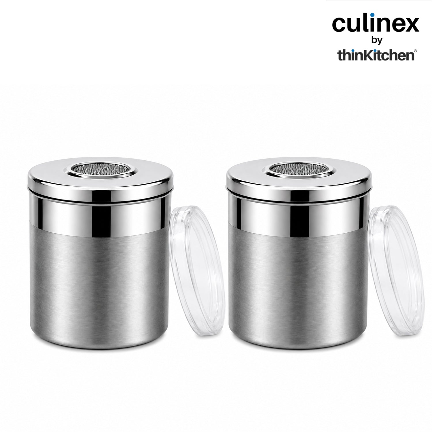 Culinex Stainless Steel 2 Pcs x 120ml Fine Seasoning Salt & Pepper Dispenser (6 x 5 cm) Powder Spice Shaker for Masala, Icing Sugar, Dual Finish Condiment Canister by thinKitchen - 1