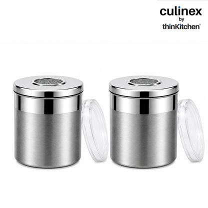 Culinex Stainless Steel 2 Pcs x 120ml Fine Seasoning Salt & Pepper Dispenser (6 x 5 cm) Powder Spice Shaker for Masala, Icing Sugar, Dual Finish Condiment Canister by thinKitchen