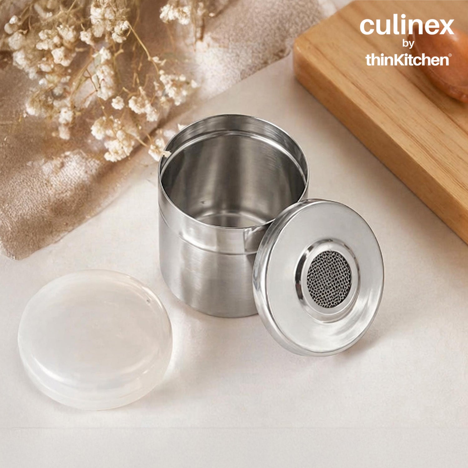 Culinex Stainless Steel 2 Pcs x 120ml Fine Seasoning Salt & Pepper Dispenser (6 x 5 cm) Powder Spice Shaker for Masala, Icing Sugar, Dual Finish Condiment Canister by thinKitchen - 2
