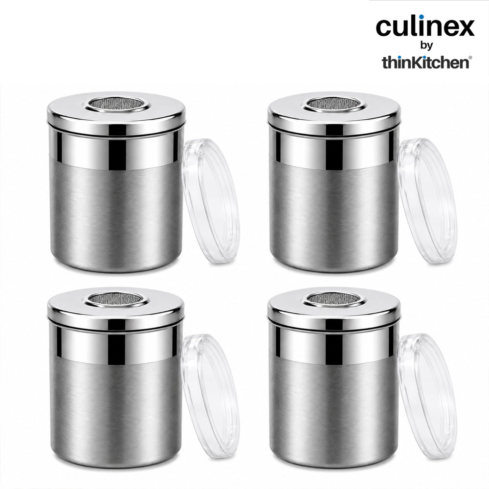 Culinex Stainless Steel 4 Pcs x 120ml Fine Seasoning Salt & Pepper Dispenser (6 x 5 cm) Powder Spice Shaker for Masala, Icing Sugar, Dual Finish Condiment Canister by thinKitchen