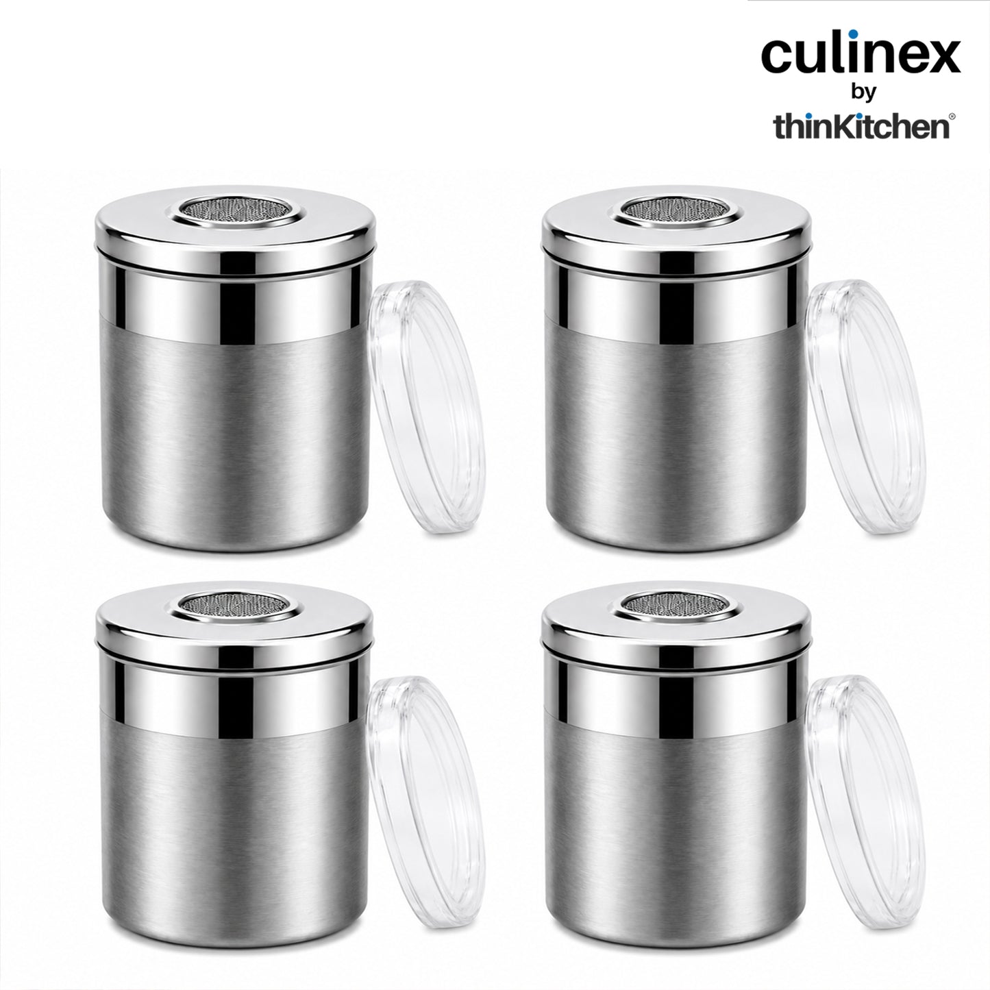 Culinex Stainless Steel 4 Pcs x 120ml Fine Seasoning Salt & Pepper Dispenser (6 x 5 cm) Powder Spice Shaker for Masala, Icing Sugar, Dual Finish Condiment Canister by thinKitchen