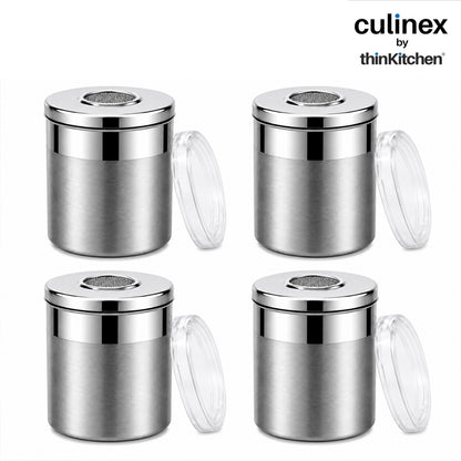 Culinex Stainless Steel 4 Pcs x 120ml Fine Seasoning Salt & Pepper Dispenser (6 x 5 cm) Powder Spice Shaker for Masala, Icing Sugar, Dual Finish Condiment Canister by thinKitchen