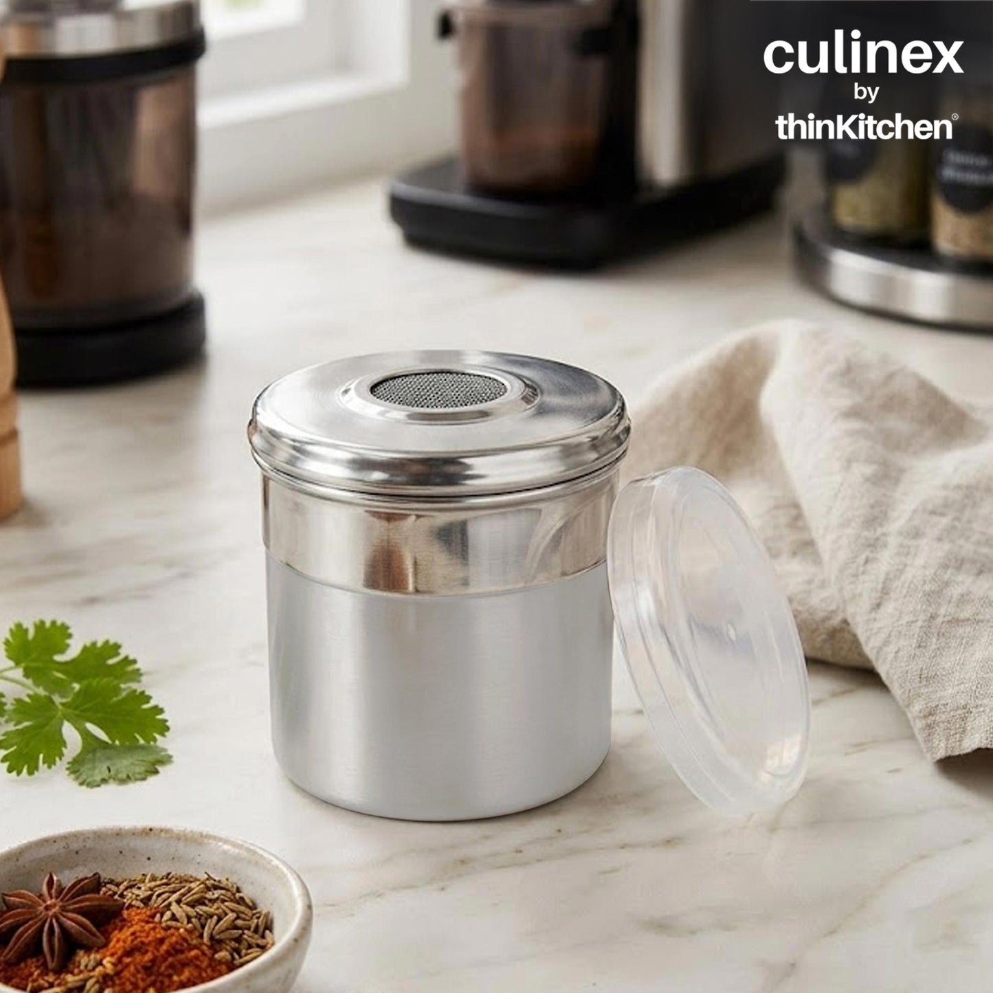 Culinex Stainless Steel 4 Pcs x 120ml Fine Seasoning Salt & Pepper Dispenser (6 x 5 cm) Powder Spice Shaker for Masala, Icing Sugar, Dual Finish Condiment Canister by thinKitchen