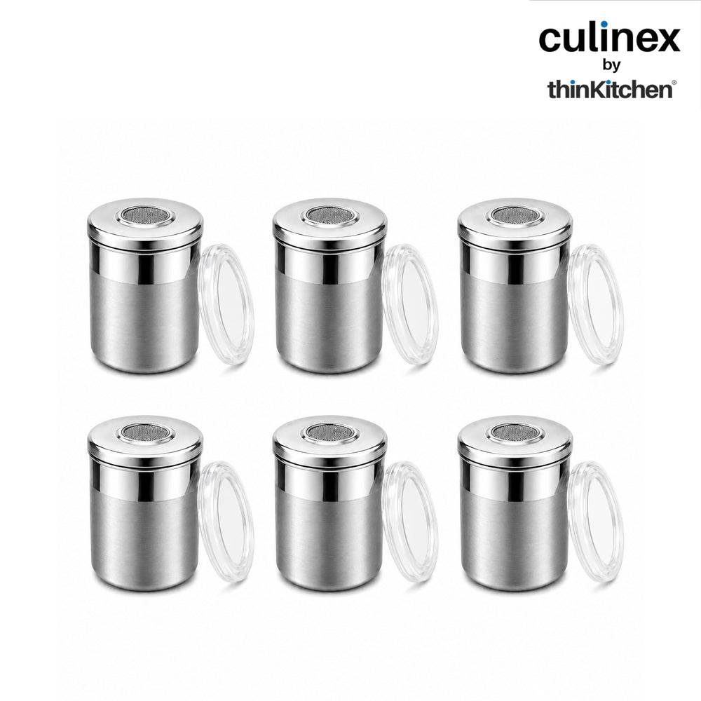 Culinex Stainless Steel 6 Pcs x 120ml Fine Seasoning Salt & Pepper Dispenser (6 x 5 cm) Powder Spice Shaker for Masala, Icing Sugar, Dual Finish Condiment Canister by thinKitchen