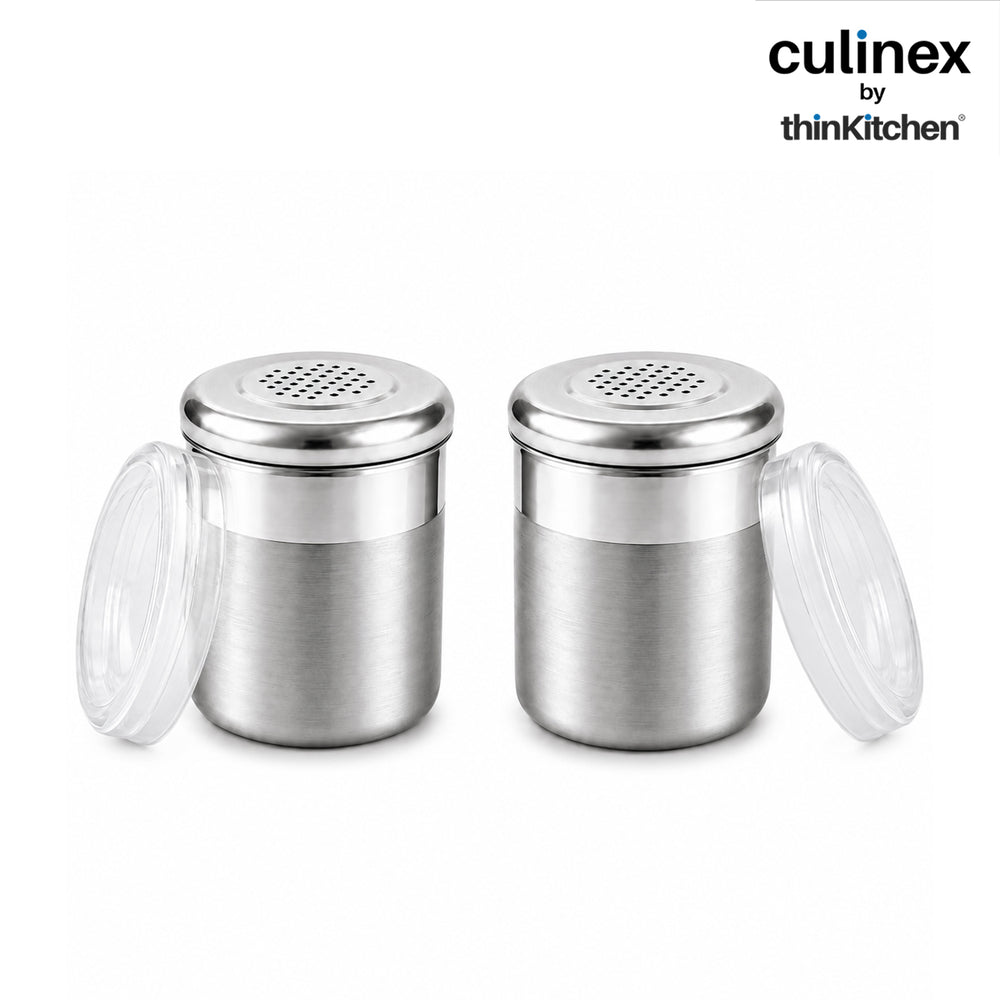 Culinex Stainless Steel 2 Pcs x 120ml Dispenser Shaker for Icing Sugar, Cocoa 6x5 cms | Fine Small Powder Dispenser with Lid for Cinnamon, Baking Sprinkler | Dual Finish Mini Canister by thinKitchen