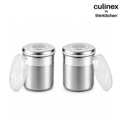 Culinex Stainless Steel 2 Pcs x 120ml Dispenser Shaker for Icing Sugar, Cocoa 6x5 cms | Fine Small Powder Dispenser with Lid for Cinnamon, Baking Sprinkler | Dual Finish Mini Canister by thinKitchen