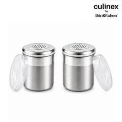 Culinex Stainless Steel 2 Pcs x 120ml Dispenser Shaker for Icing Sugar, Cocoa 6x5 cms | Fine Small Powder Dispenser with Lid for Cinnamon, Baking Sprinkler | Dual Finish Mini Canister by thinKitchen