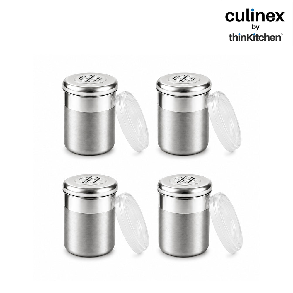 Culinex Stainless Steel 4 Pcs x 120ml Dispenser Shaker for Icing Sugar, Cocoa 6x5 cms | Fine Small Powder Dispenser with Lid for Cinnamon, Baking Sprinkler | Dual Finish Mini Canister by thinKitchen