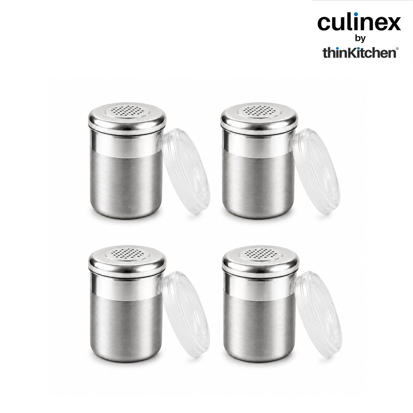 Culinex Stainless Steel 4 Pcs x 120ml Dispenser Shaker for Icing Sugar, Cocoa 6x5 cms | Fine Small Powder Dispenser with Lid for Cinnamon, Baking Sprinkler | Dual Finish Mini Canister by thinKitchen