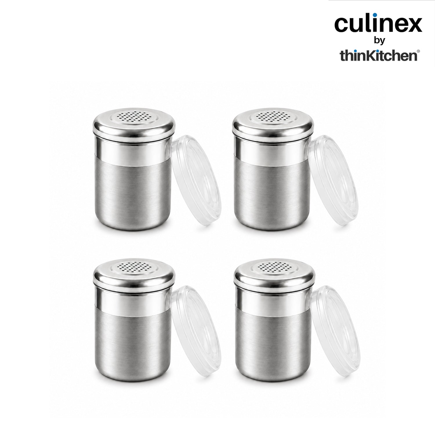 Culinex Stainless Steel 4 Pcs x 120ml Dispenser Shaker for Icing Sugar, Cocoa 6x5 cms | Fine Small Powder Dispenser with Lid for Cinnamon, Baking Sprinkler | Dual Finish Mini Canister by thinKitchen - 1