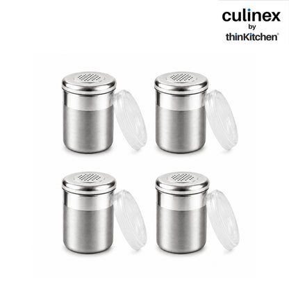 Culinex Stainless Steel 4 Pcs x 120ml Dispenser Shaker for Icing Sugar, Cocoa 6x5 cms | Fine Small Powder Dispenser with Lid for Cinnamon, Baking Sprinkler | Dual Finish Mini Canister by thinKitchen