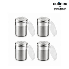 Culinex Stainless Steel 4 Pcs x 120ml Dispenser Shaker for Icing Sugar, Cocoa 6x5 cms | Fine Small Powder Dispenser with Lid for Cinnamon, Baking Sprinkler | Dual Finish Mini Canister by thinKitchen