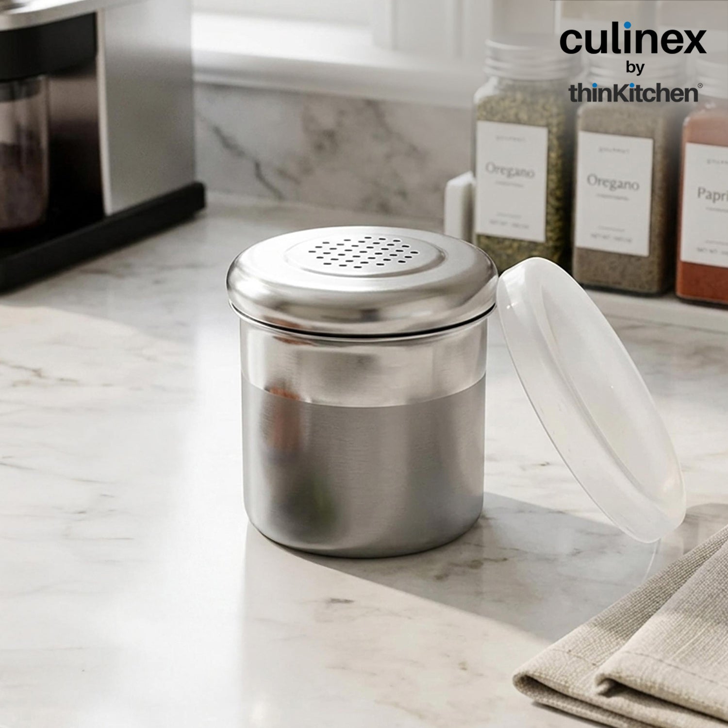 Culinex Stainless Steel 4 Pcs x 120ml Dispenser Shaker for Icing Sugar, Cocoa 6x5 cms | Fine Small Powder Dispenser with Lid for Cinnamon, Baking Sprinkler | Dual Finish Mini Canister by thinKitchen - 3
