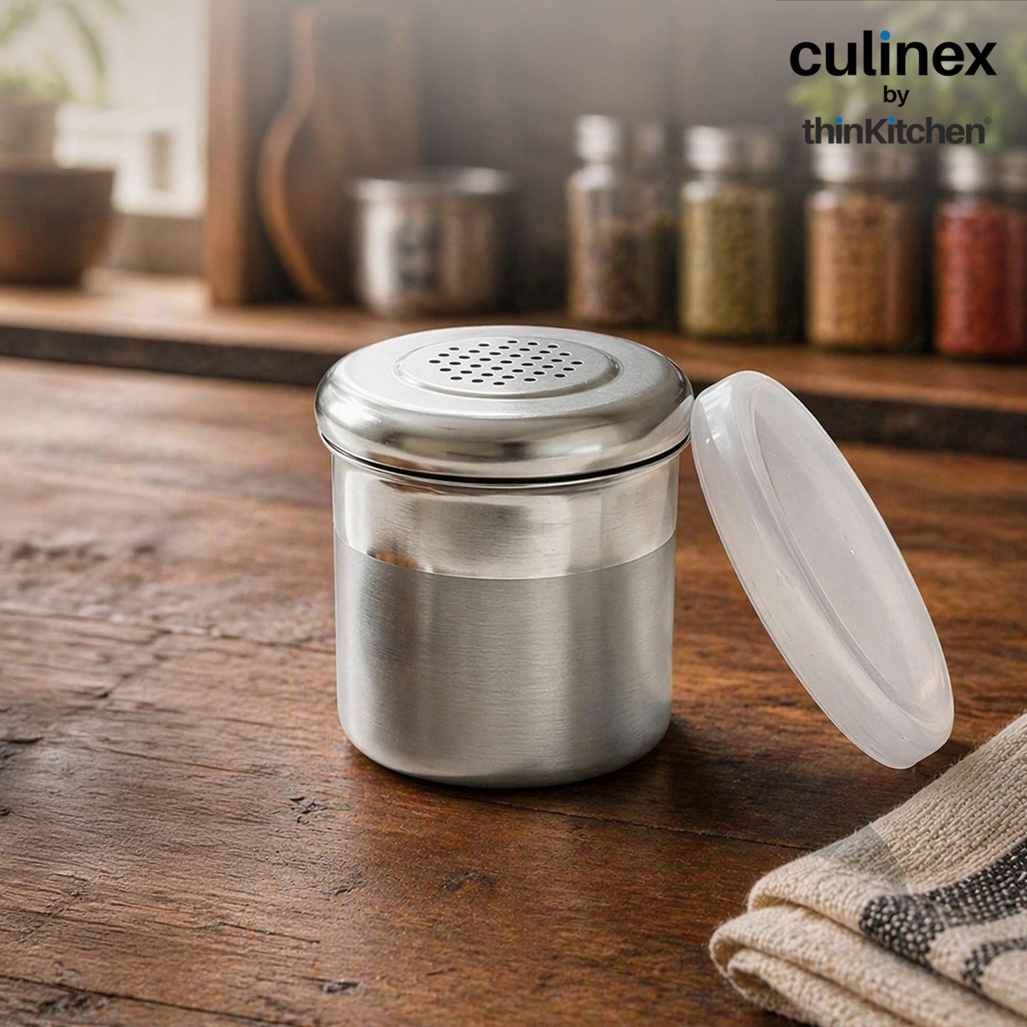 Culinex Stainless Steel 4 Pcs x 120ml Dispenser Shaker for Icing Sugar, Cocoa 6x5 cms | Fine Small Powder Dispenser with Lid for Cinnamon, Baking Sprinkler | Dual Finish Mini Canister by thinKitchen