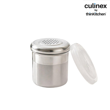 Culinex Stainless Steel 4 Pcs x 120ml Dispenser Shaker for Icing Sugar, Cocoa 6x5 cms | Fine Small Powder Dispenser with Lid for Cinnamon, Baking Sprinkler | Dual Finish Mini Canister by thinKitchen