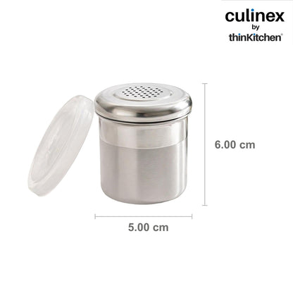 Culinex Stainless Steel 4 Pcs x 120ml Dispenser Shaker for Icing Sugar, Cocoa 6x5 cms | Fine Small Powder Dispenser with Lid for Cinnamon, Baking Sprinkler | Dual Finish Mini Canister by thinKitchen