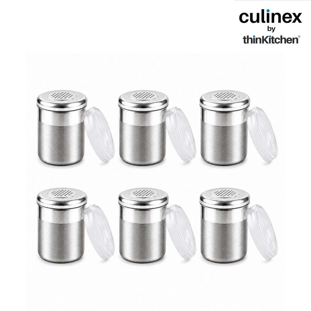 Culinex Stainless Steel 6 Pcs x 120ml Dispenser Shaker for Icing Sugar, Cocoa 6x5 cms | Fine Small Powder Dispenser with Lid for Cinnamon, Baking Sprinkler | Dual Finish Mini Canister by thinKitchen