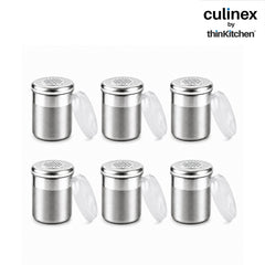 Culinex Stainless Steel 6 Pcs x 120ml Dispenser Shaker for Icing Sugar, Cocoa 6x5 cms | Fine Small Powder Dispenser with Lid for Cinnamon, Baking Sprinkler | Dual Finish Mini Canister by thinKitchen