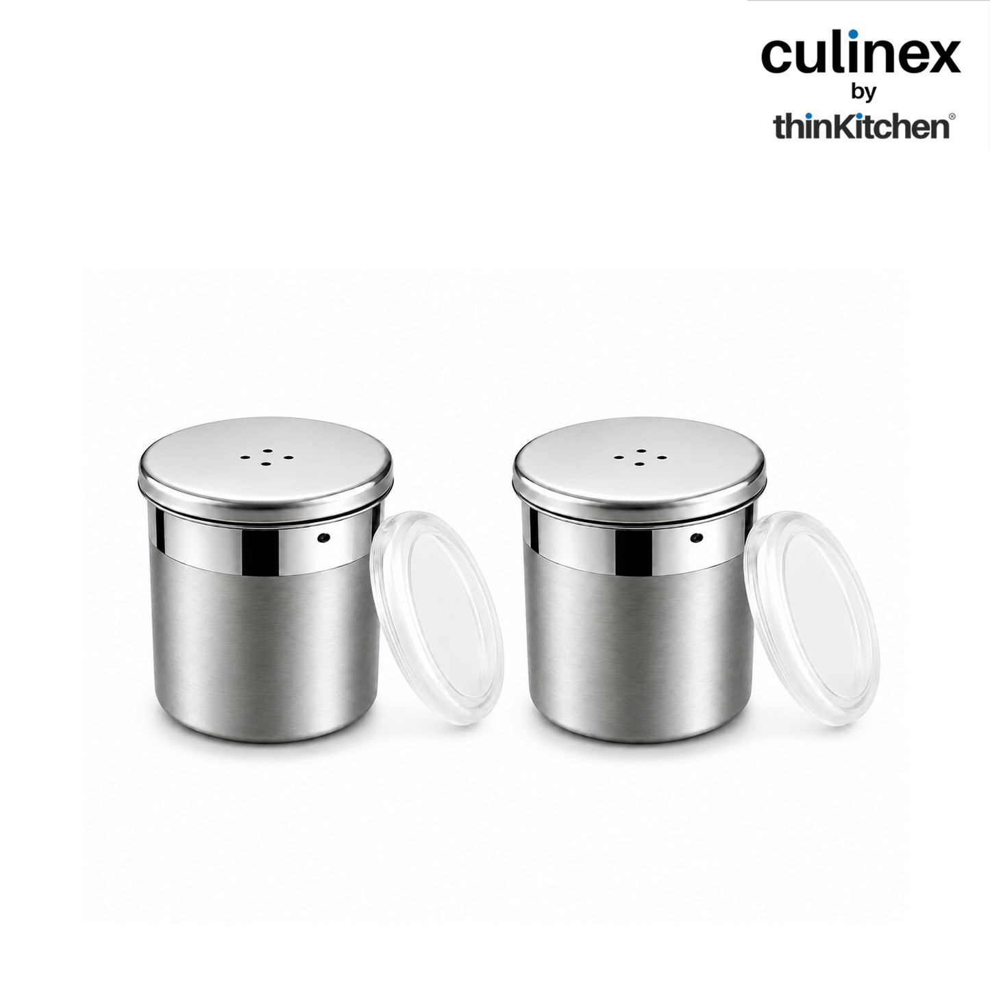 Culinex Stainless Steel Portable 2 Pcs x 120ml Mini Salt Dispenser 6x5 cms | Dual Finish Small Salt Sprinkler Canister for Salt, Powdered Sugar by thinKitchen