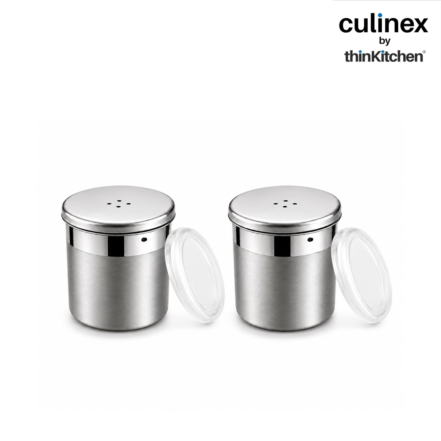 Culinex Stainless Steel Portable 2 Pcs x 120ml Mini Salt Dispenser 6x5 cms | Dual Finish Small Salt Sprinkler Canister for Salt, Powdered Sugar by thinKitchen - 1