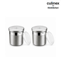 Culinex Stainless Steel Portable 2 Pcs x 120ml Mini Salt Dispenser 6x5 cms | Dual Finish Small Salt Sprinkler Canister for Salt, Powdered Sugar by thinKitchen