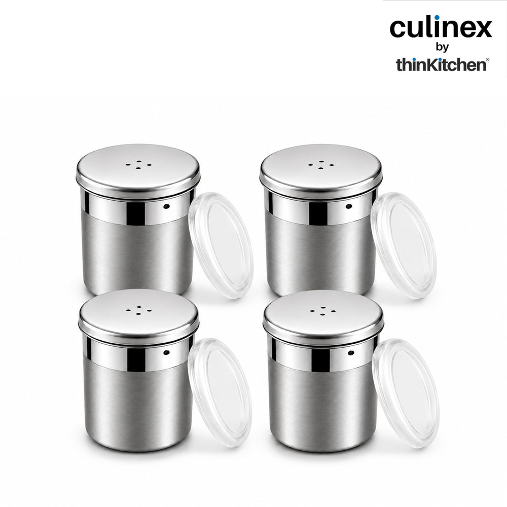 Culinex Stainless Steel Portable 4 Pcs x 120ml Mini Salt Dispenser 6x5 cms | Dual Finish Small Salt Sprinkler Canister for Salt, Powdered Sugar by thinKitchen