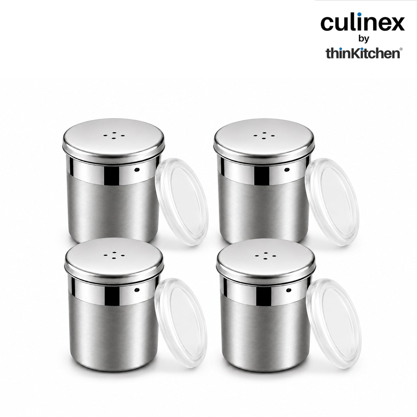 Culinex Stainless Steel Portable 4 Pcs x 120ml Mini Salt Dispenser 6x5 cms | Dual Finish Small Salt Sprinkler Canister for Salt, Powdered Sugar by thinKitchen