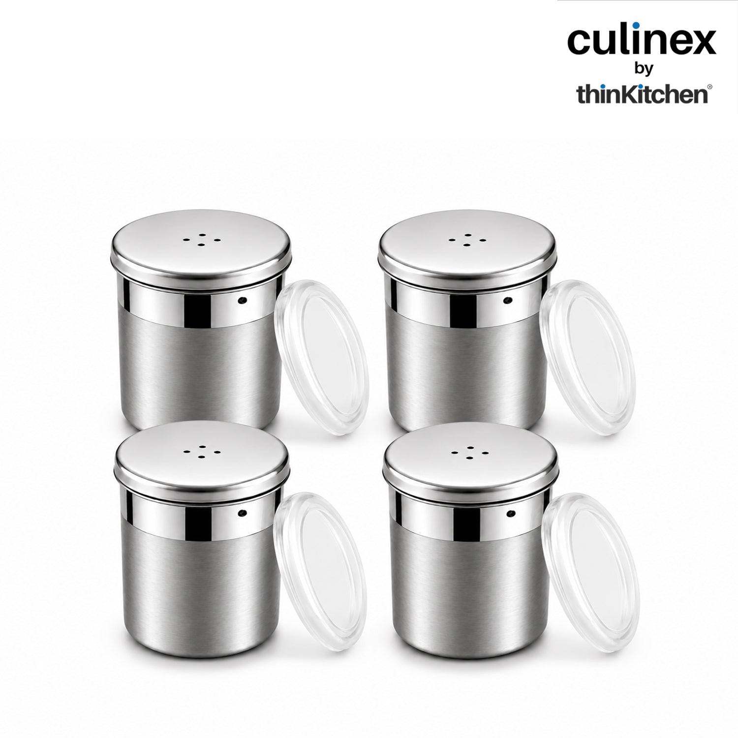 Culinex Stainless Steel Portable 4 Pcs x 120ml Mini Salt Dispenser 6x5 cms | Dual Finish Small Salt Sprinkler Canister for Salt, Powdered Sugar by thinKitchen - 1