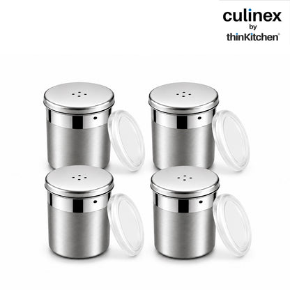 Culinex Stainless Steel Portable 4 Pcs x 120ml Mini Salt Dispenser 6x5 cms | Dual Finish Small Salt Sprinkler Canister for Salt, Powdered Sugar by thinKitchen