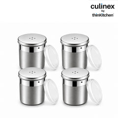 Culinex Stainless Steel Portable 4 Pcs x 120ml Mini Salt Dispenser 6x5 cms | Dual Finish Small Salt Sprinkler Canister for Salt, Powdered Sugar by thinKitchen