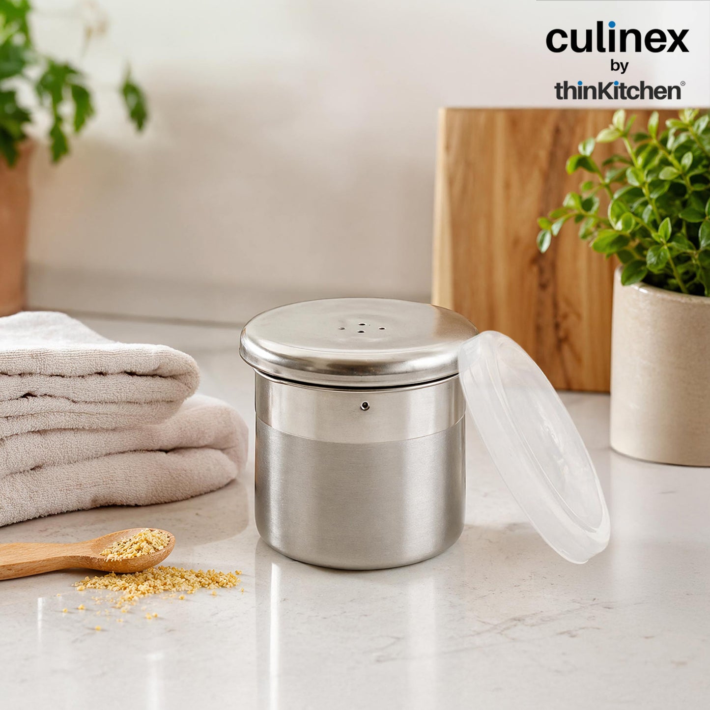 Culinex Stainless Steel Portable 4 Pcs x 120ml Mini Salt Dispenser 6x5 cms | Dual Finish Small Salt Sprinkler Canister for Salt, Powdered Sugar by thinKitchen