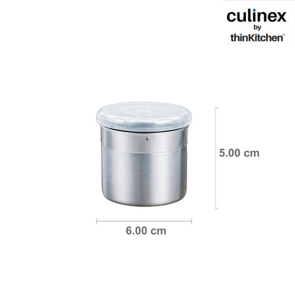 Culinex Stainless Steel Portable 4 Pcs x 120ml Mini Salt Dispenser 6x5 cms | Dual Finish Small Salt Sprinkler Canister for Salt, Powdered Sugar by thinKitchen