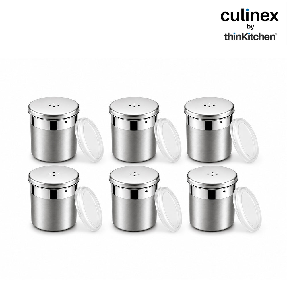Culinex Stainless Steel Portable 6 Pcs x 120ml Mini Salt Dispenser 6x5 cms | Dual Finish Small Salt Sprinkler Canister for Salt, Powdered Sugar by thinKitchen