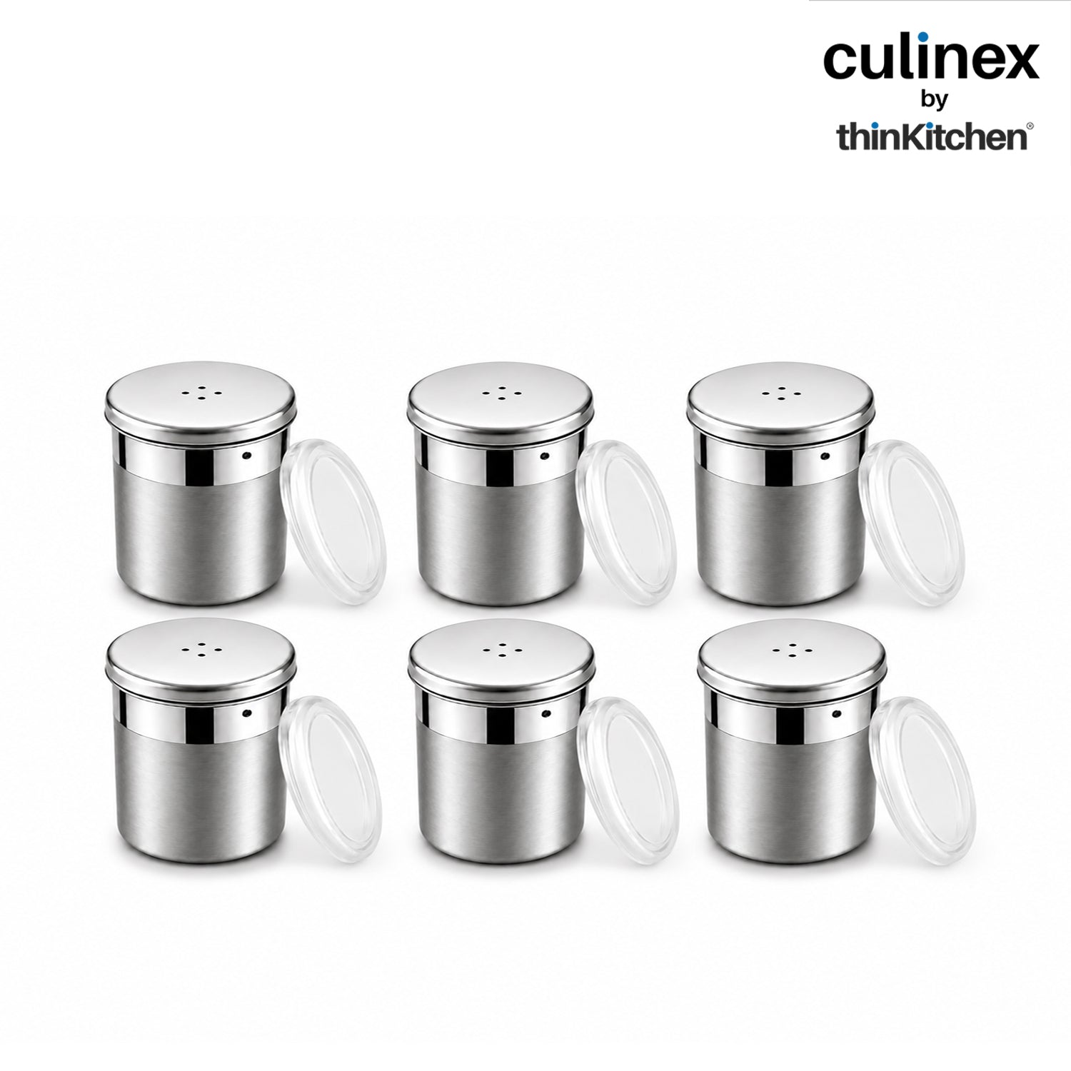 Culinex Stainless Steel Portable 6 Pcs x 120ml Mini Salt Dispenser 6x5 cms | Dual Finish Small Salt Sprinkler Canister for Salt, Powdered Sugar by thinKitchen - 1
