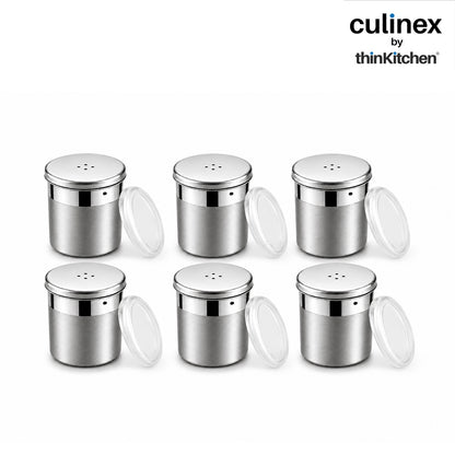 Culinex Stainless Steel Portable 6 Pcs x 120ml Mini Salt Dispenser 6x5 cms | Dual Finish Small Salt Sprinkler Canister for Salt, Powdered Sugar by thinKitchen